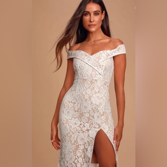 Lulus Table for Two White Lace Off Shoulder Midi Dress Size Medium NWT Bridal - Picture 1 of 15